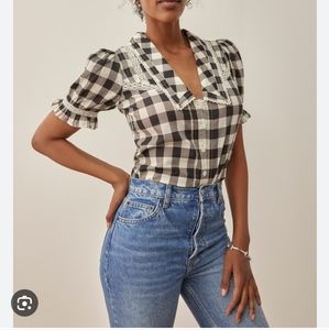 NWOT Reformation Hara top black white plaid gingham puff sleeve small